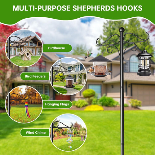 108 inch shepherds hook: hanging pot feeder and wind-chime examples.