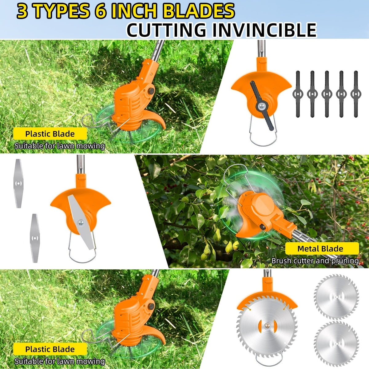 Trimmer replacement blade kit: three blade types mounted on trimmer.