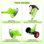 Green cordless trimmer: grip guard and support wheel details.