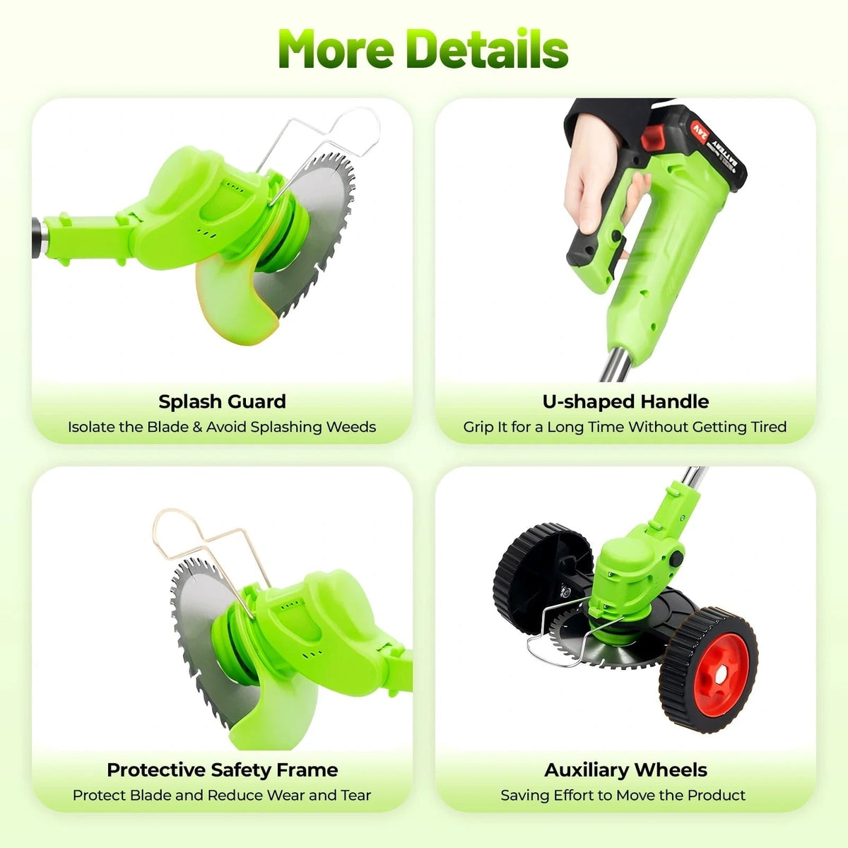 Green cordless trimmer: grip guard and support wheel details.