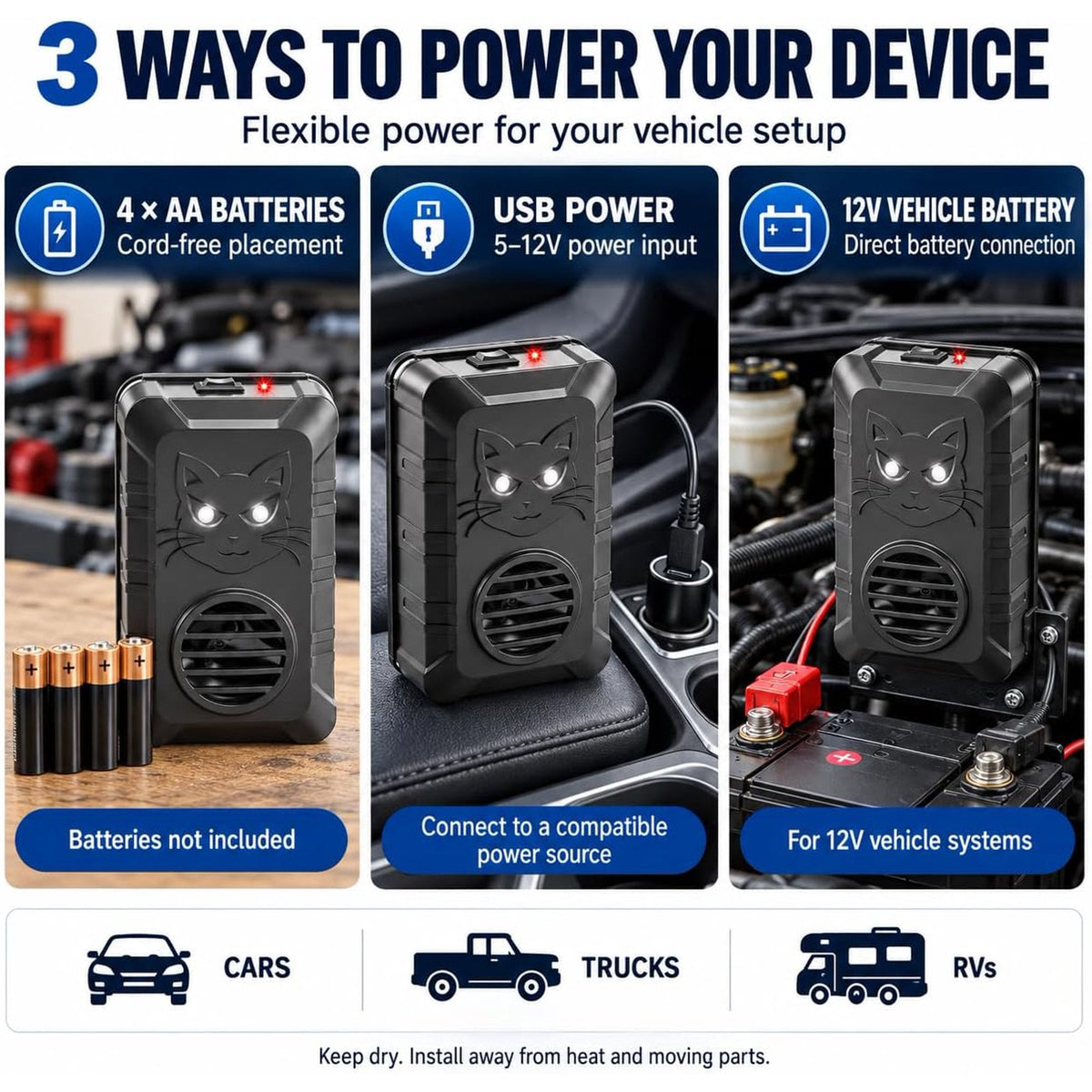 Under hood rodent repeller: AA USB and vehicle battery power options.