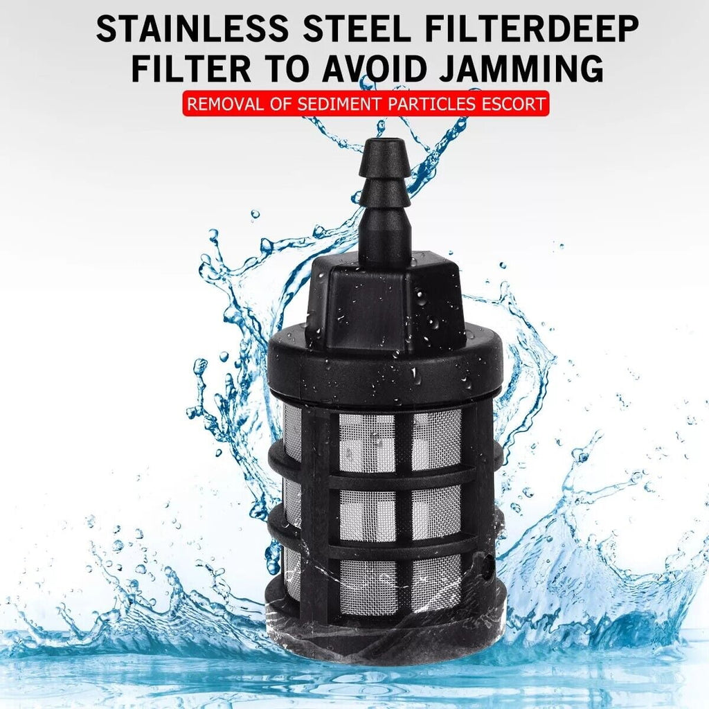 Cordless portable pressure washer: inlet water-filter close-up.