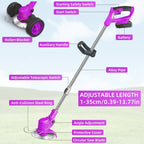 Purple cordless grass trimmer: labeled trimmer handle shaft and guard.