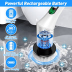 Cordless electric spin scrubber: charging indicator and battery diagram.
