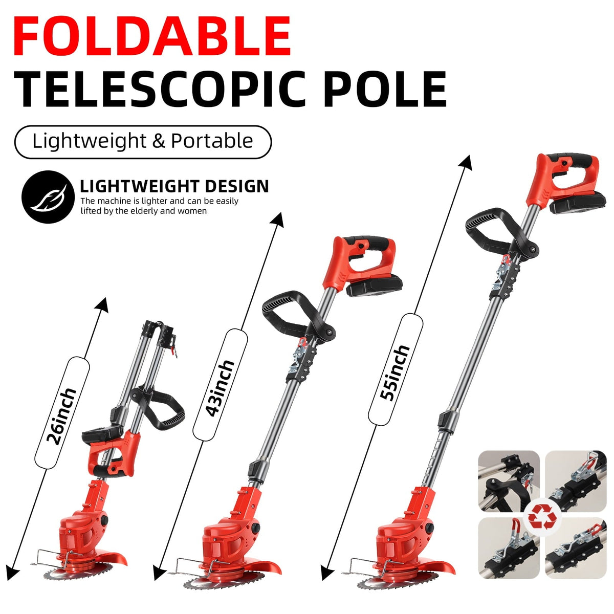Foldable cordless brush cutter: folding telescopic shaft positions.