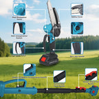 Cordless pole saw: pole saw components and adjustable cutting head.