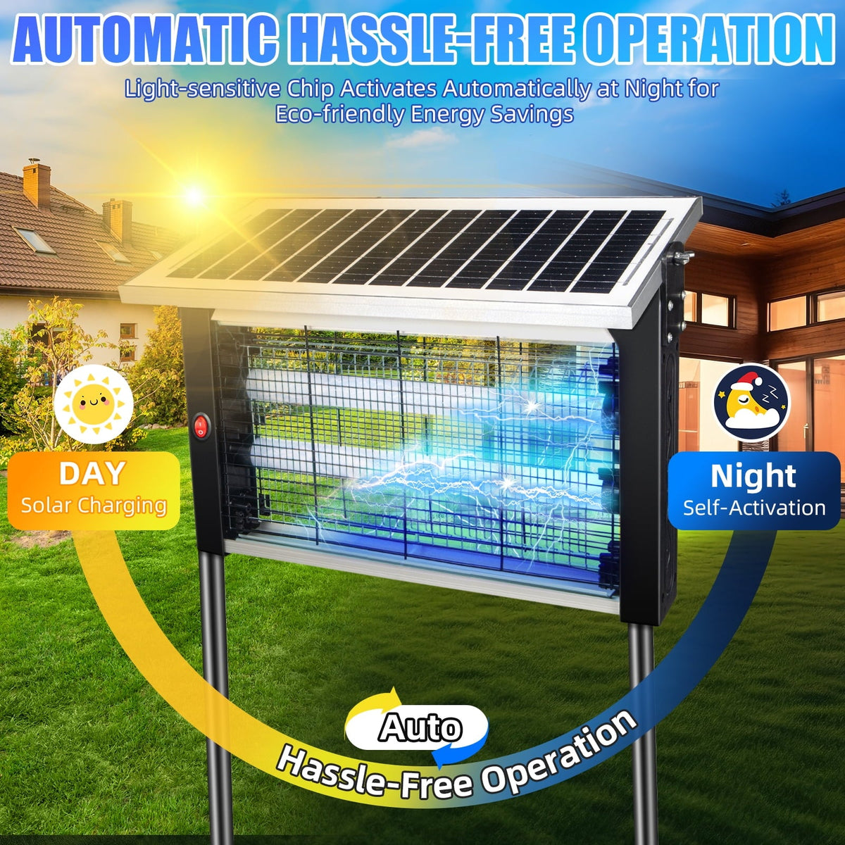 Solar bug zapper with stand: day charging and night lighting diagram.