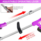 Purple cordless grass trimmer: telescopic shaft adjustment.