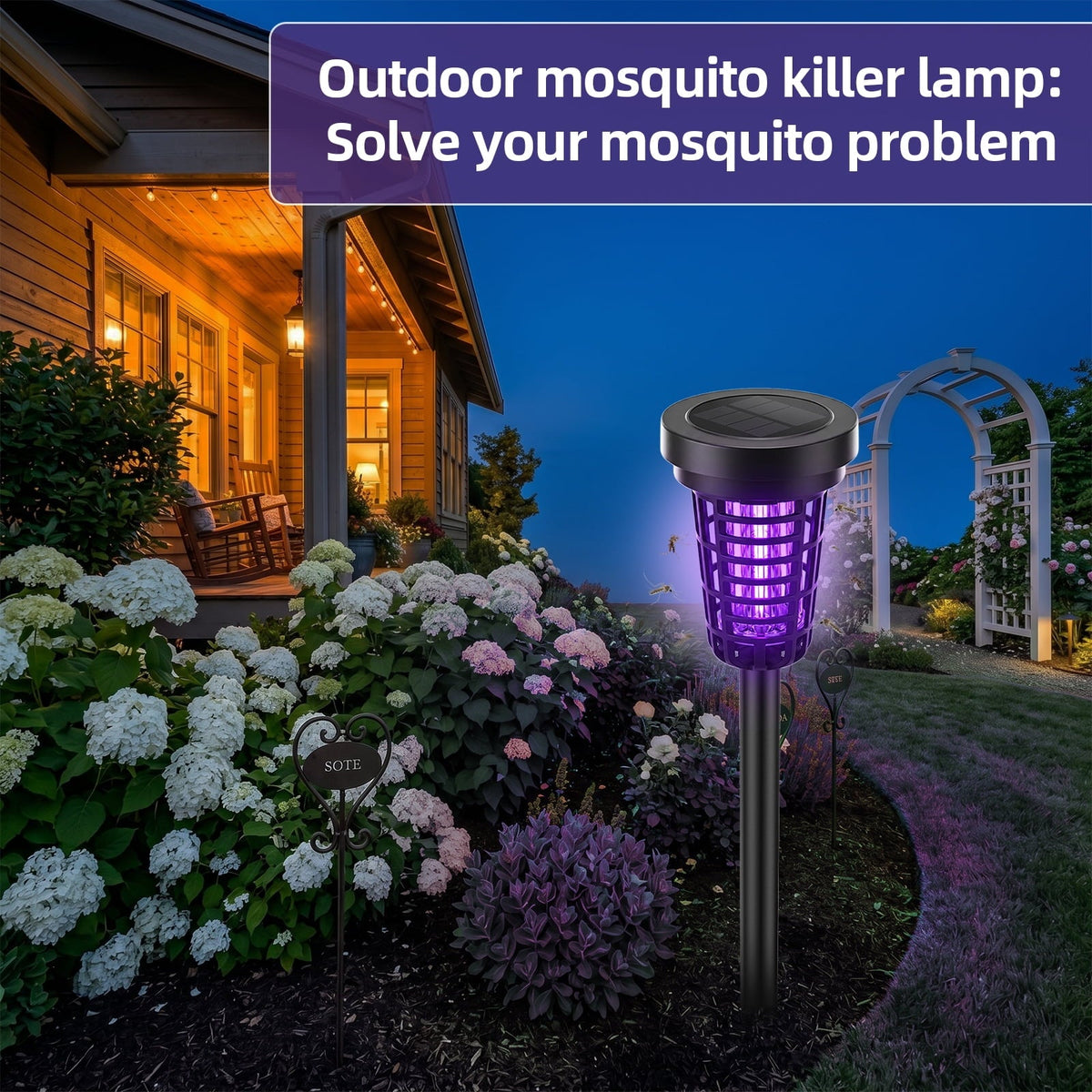 Solar bug zapper torch: zapper torches beside patio.