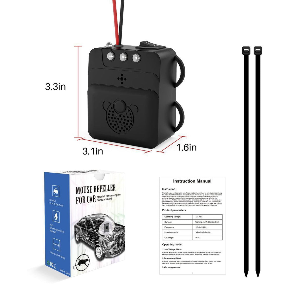Under hood rodent repeller 2 pack: repeller dimensions and mounting ties.