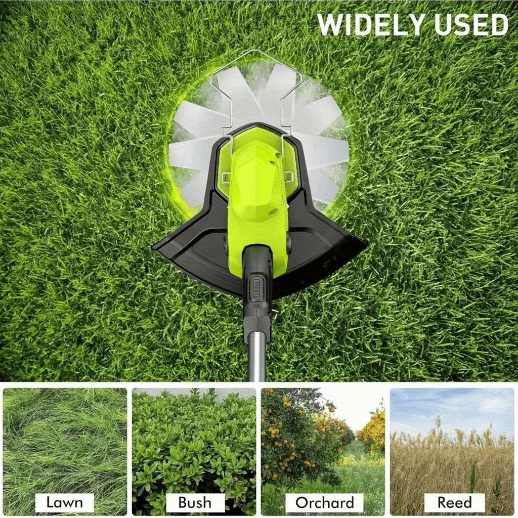 Metal string trimmer blades: blade mounted on green trimmer.