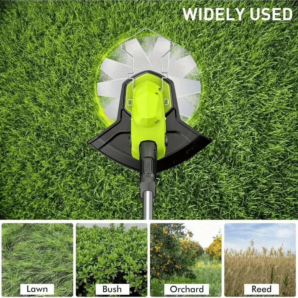 Metal string trimmer blades: blade mounted on green trimmer.