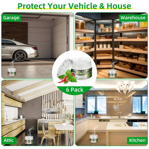 Peppermint rodent repellent jars: garage kitchen attic and warehouse placement.