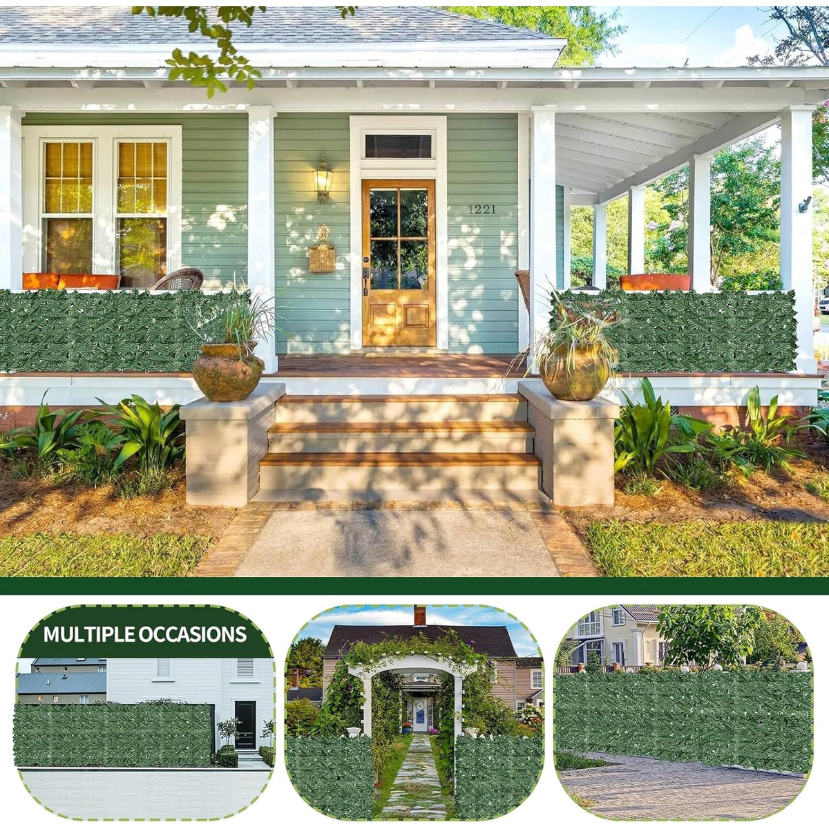 Artificial ivy privacy screen: ivy privacy screen on porch and gate.