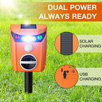 Solar animal repeller with flashing light: solar and USB charging options.