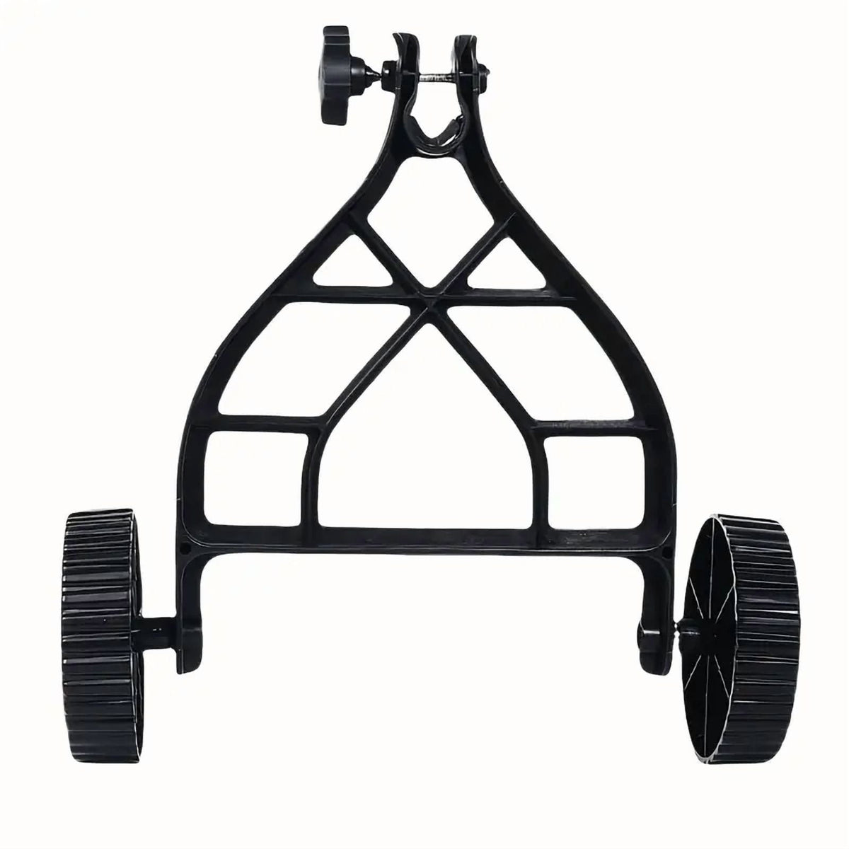 String trimmer support wheels: front view of support wheel frame.