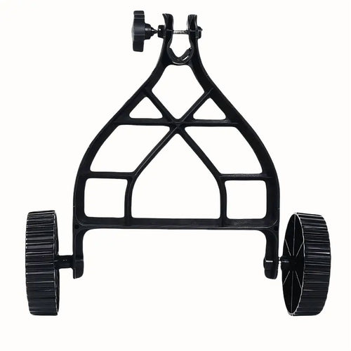 String trimmer support wheels: front view of support wheel frame.