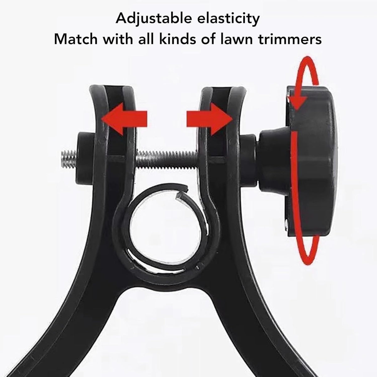 String trimmer support wheels: clamp and wheel spacing adjustment.