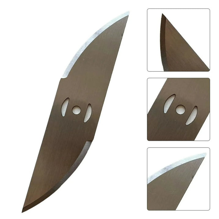 Curved metal trimmer blades: blade edge and mounting-hole details.