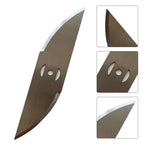 Curved metal trimmer blades: blade edge and mounting-hole details.