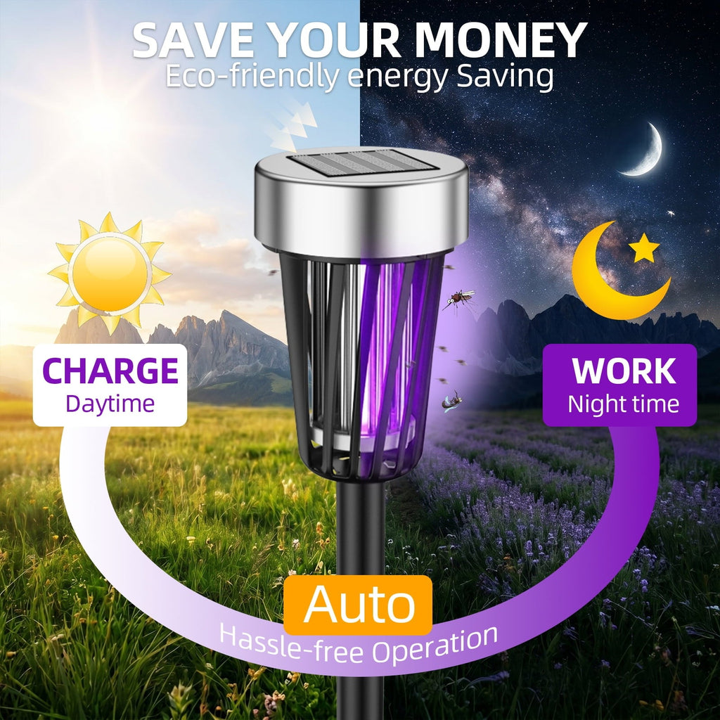 Solar bug zapper lights: solar charging and nighttime operation diagram.
