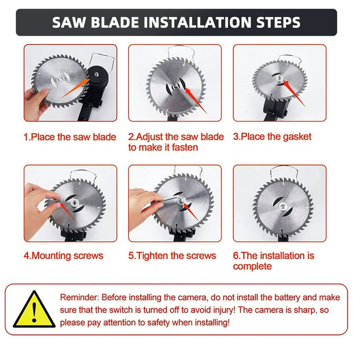 Cordless grass trimmer with wheels: blade installation steps.