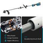 Brushless cordless string trimmer kit: motor and aluminum shaft close-ups.