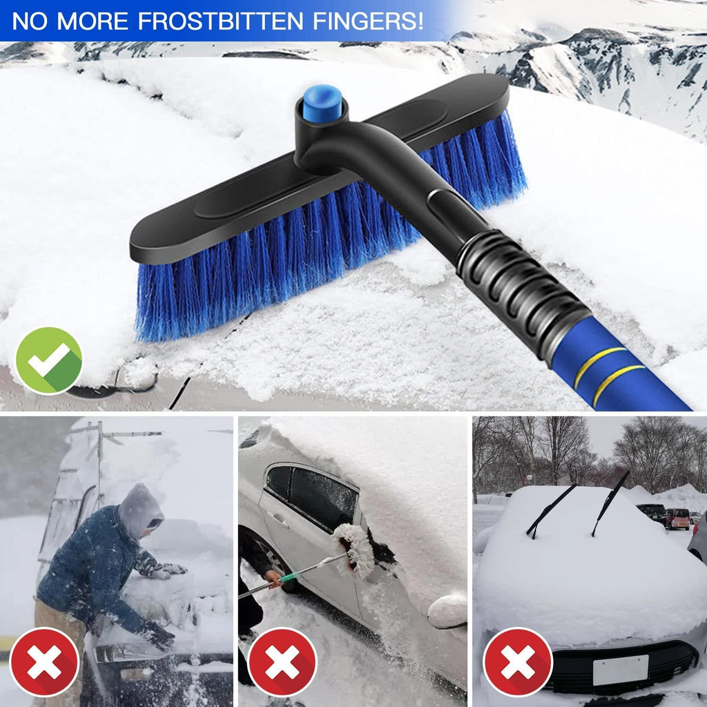Extendable snow brush ice scraper: foam grip used while clearing car.