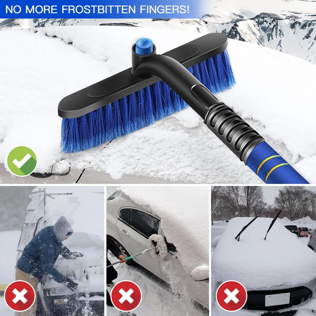 Extendable snow brush ice scraper: foam grip used while clearing car.