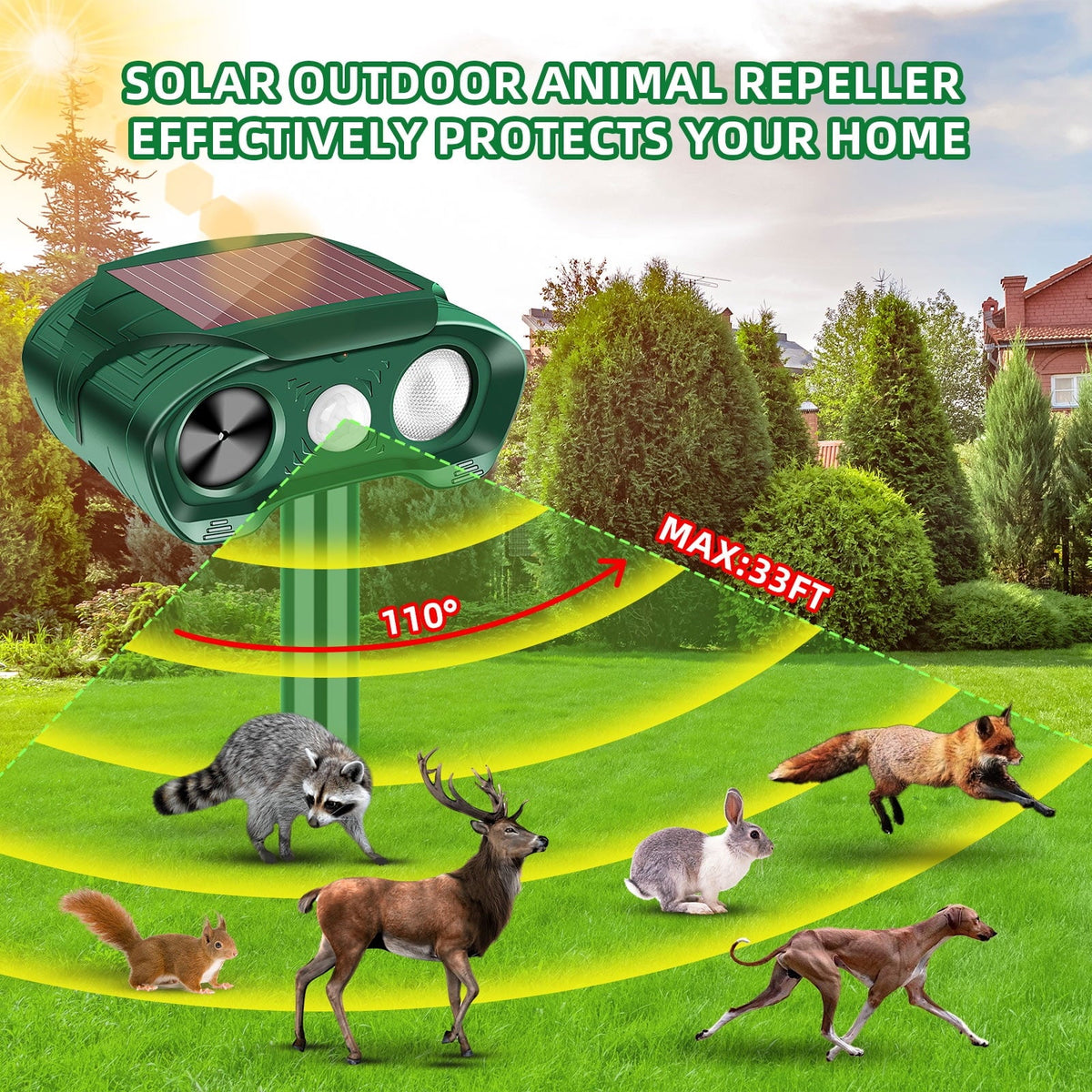 Solar animal repeller 2 pack: motion detection angle and range diagram.
