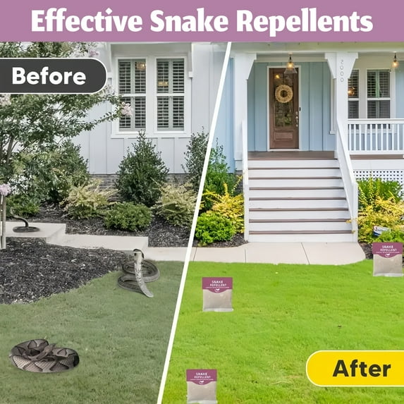 Snake repellent pouches: yard before-and-after artwork.
