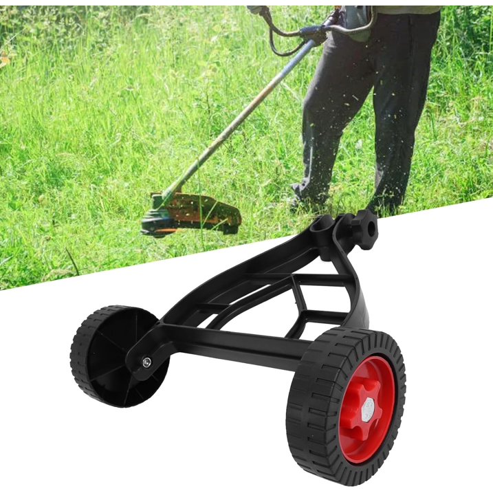 String trimmer support wheels: support frame mounted beneath shaft.