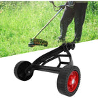String trimmer support wheels: support frame mounted beneath shaft.