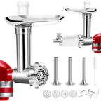 Meat grinder attachment for KitchenAid: grinder attached to red stand mixer.