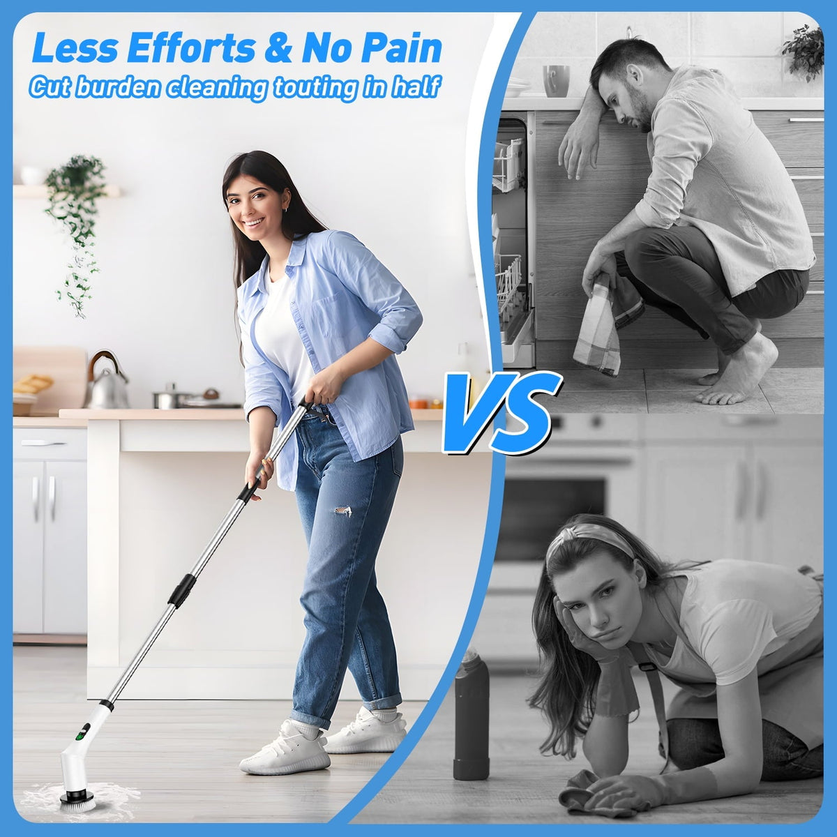 Cordless electric spin scrubber: woman cleaning floor with long-handled scrubber.
