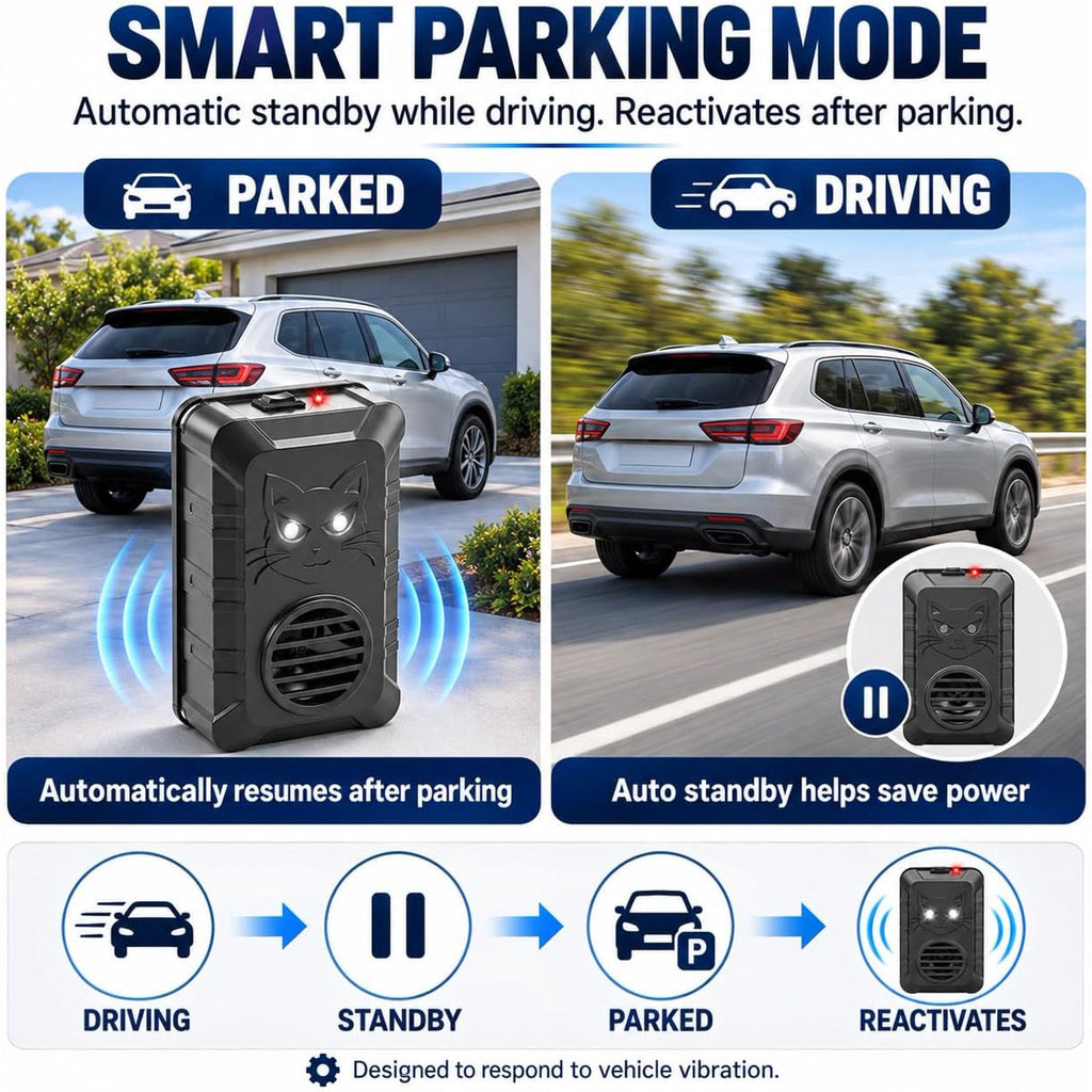 Under hood rodent repeller: parked and driving mode illustration.