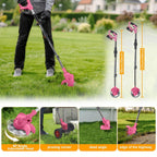 Pink wheeled grass trimmer: shaft length and cutting-angle adjustment.