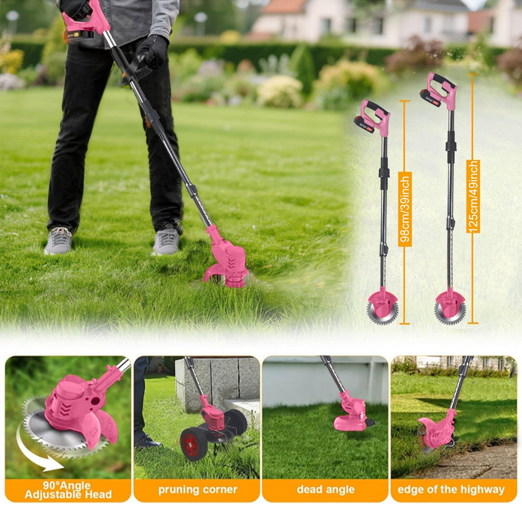 Pink cordless trimmer: shaft length and cutting-angle adjustment.