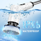 Cordless electric spin scrubber: brush head and water-exposure illustration.