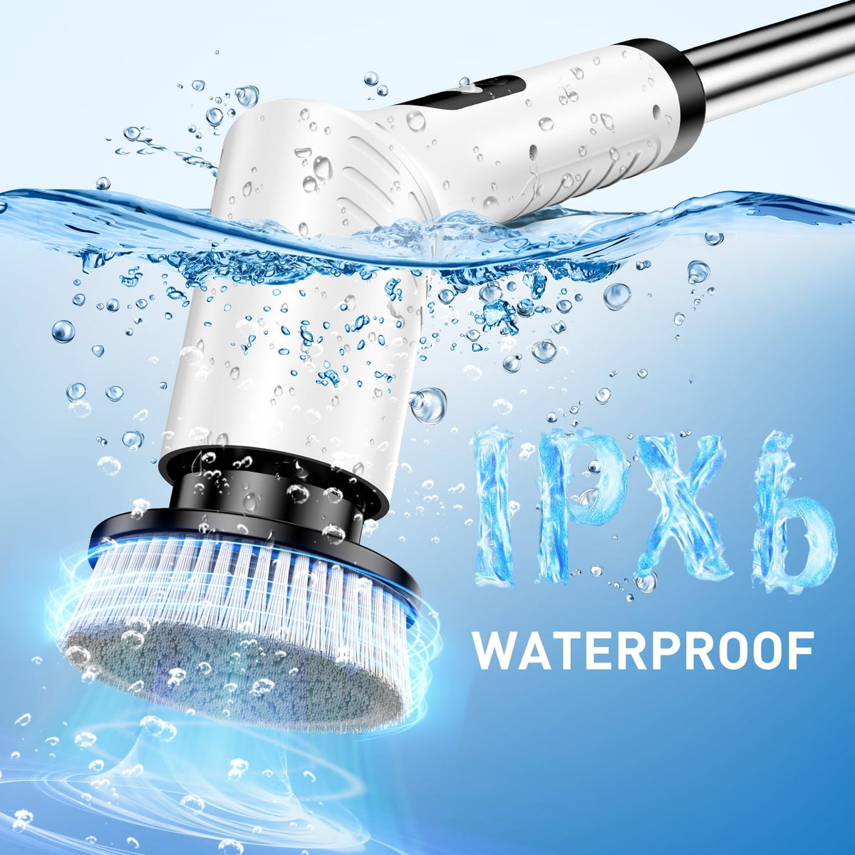 Cordless electric spin scrubber: brush head and water-exposure illustration.
