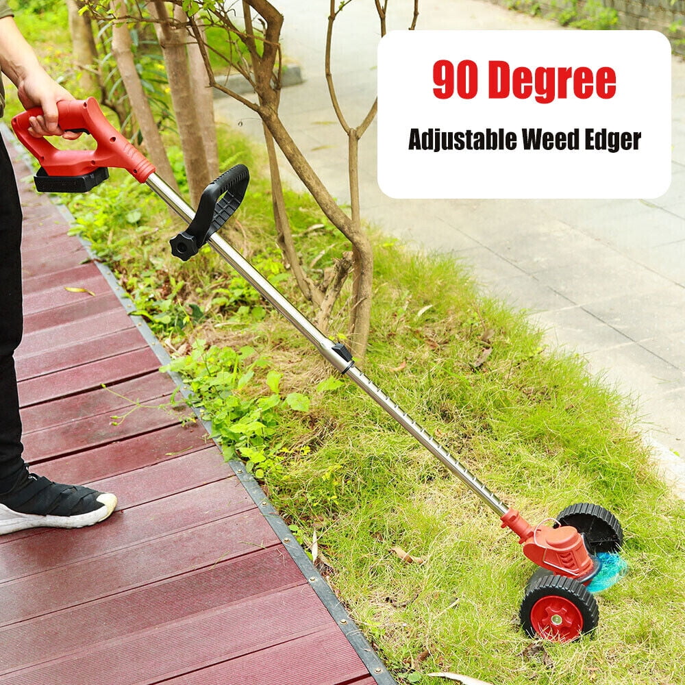 Adjustable cordless grass trimmer: cutting head used along lawn edge.