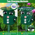 Multi direction solar animal repeller: solar and USB charging options.