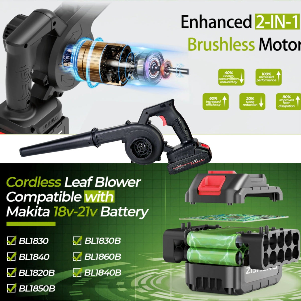 Cordless leaf blower vacuum: motor and battery-interface artwork.