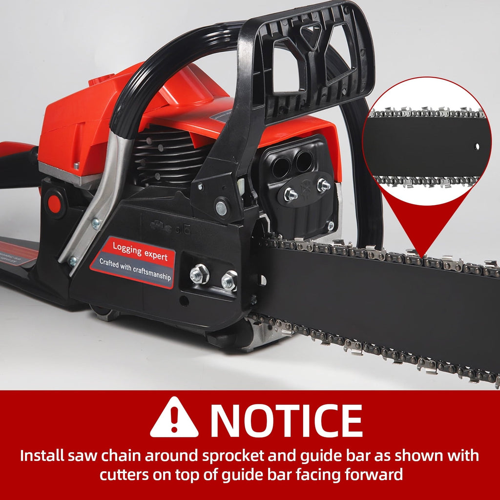 62cc gas chainsaw: chain installation notice.