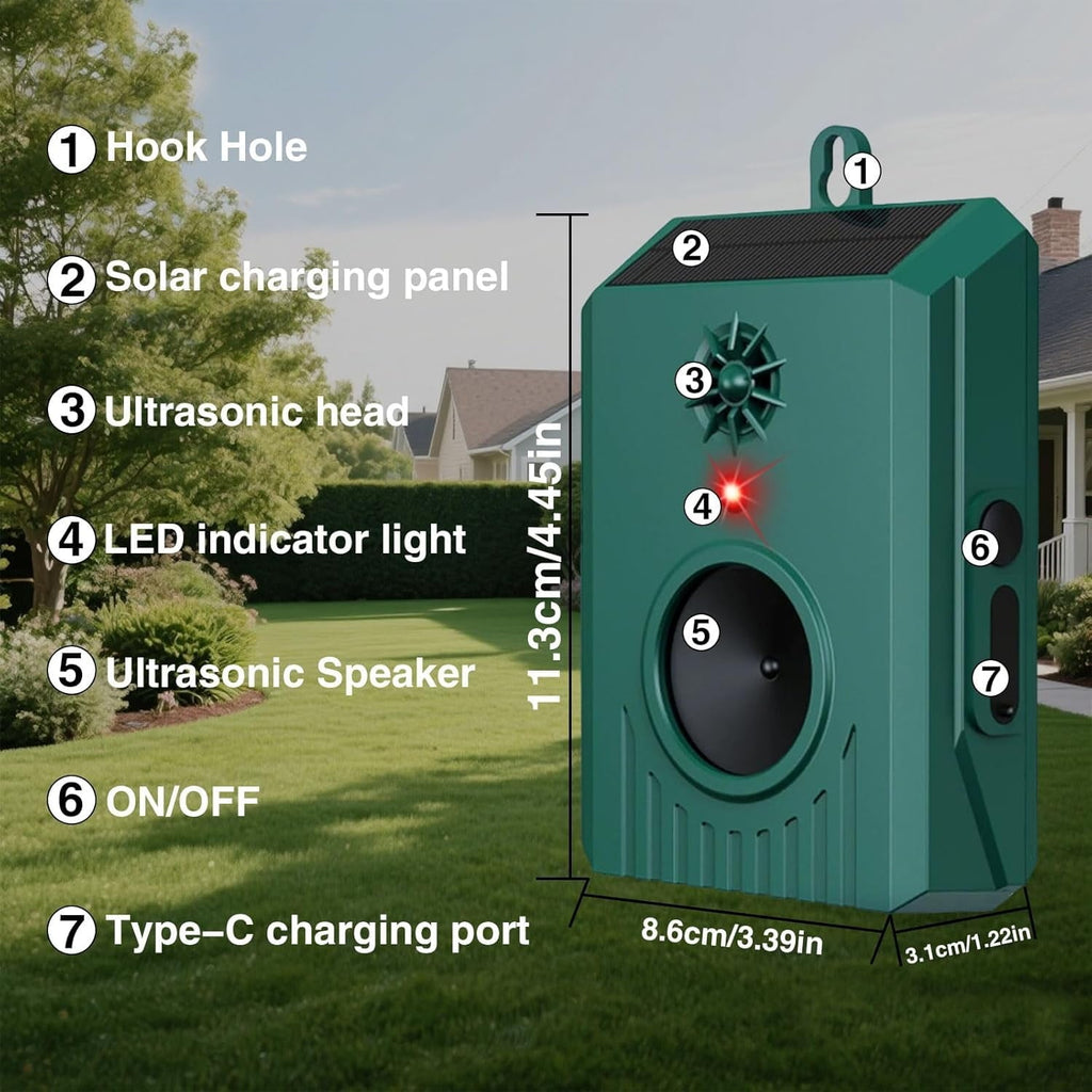 Solar bird repeller: panel speaker controls and charging port.