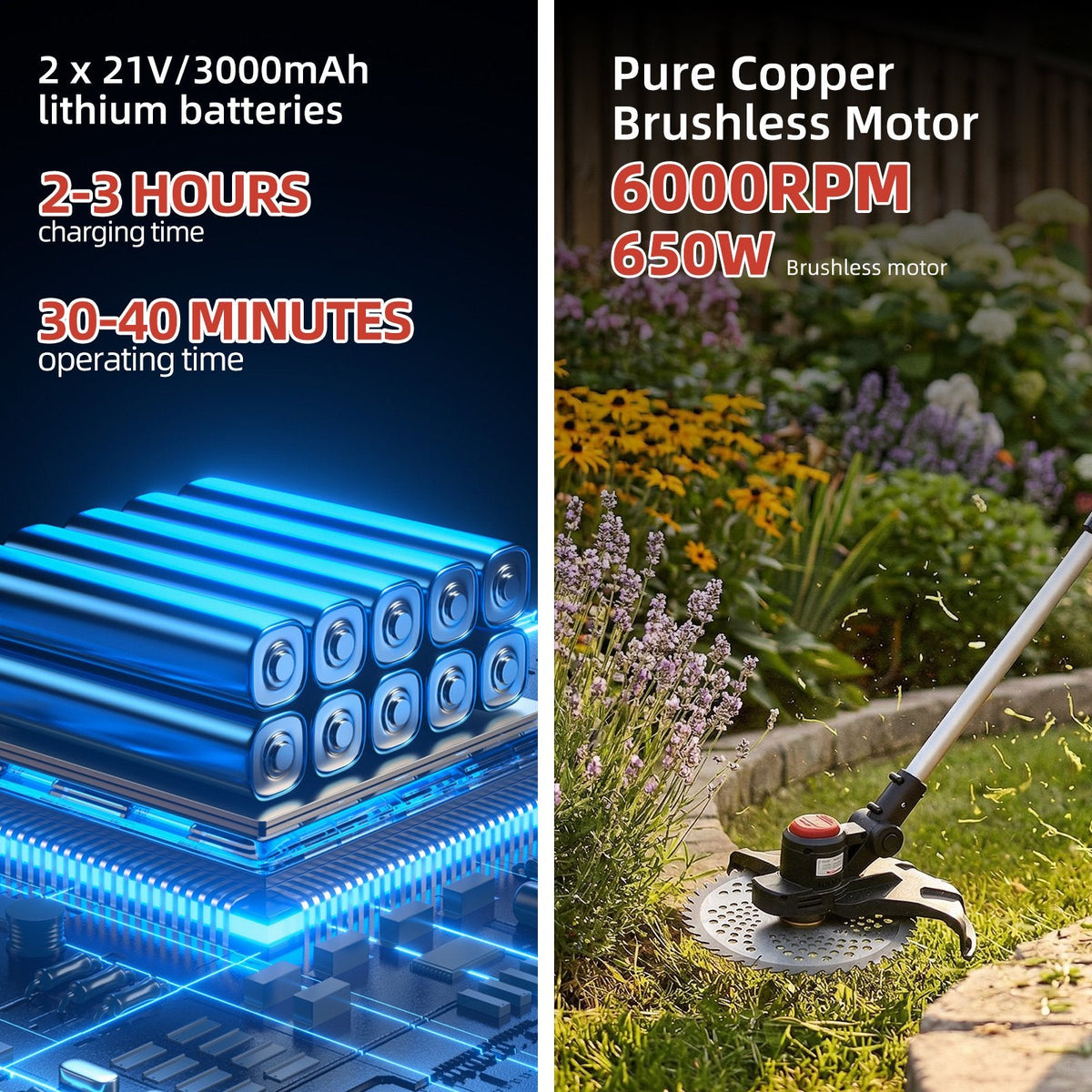 Brushless cordless string trimmer: motor and battery specification artwork.