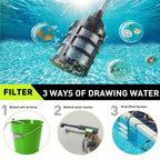 Portable cordless pressure washer: inlet filter and water-source options.