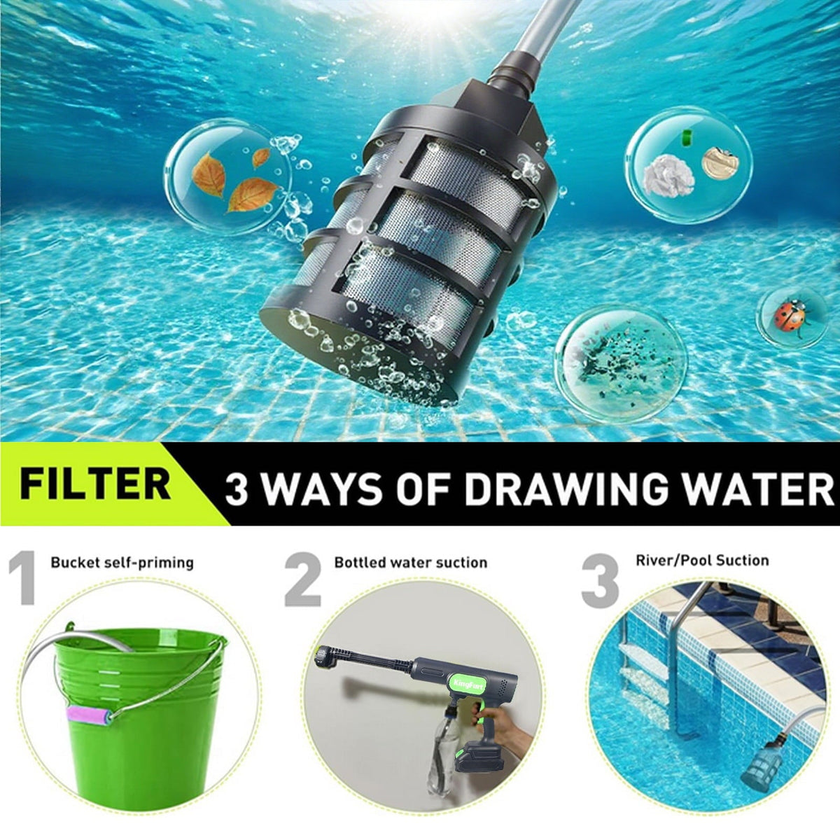 Cordless pressure washer: inlet filter and water-source options.