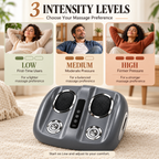 Electric foot massager with heat: three intensity settings infographic.