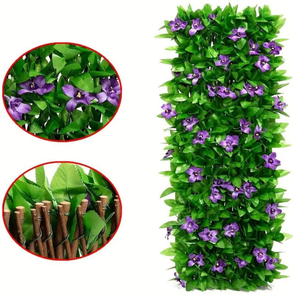 Expandable ivy privacy trellis: foliage and wooden trellis close-ups.